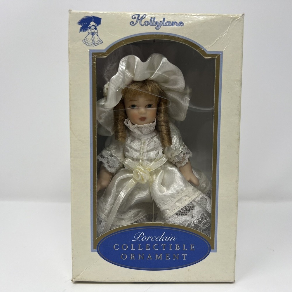 Hollylane Porcelain Doll Ornament White Dress Hat In Box Christmas Holiday Decor